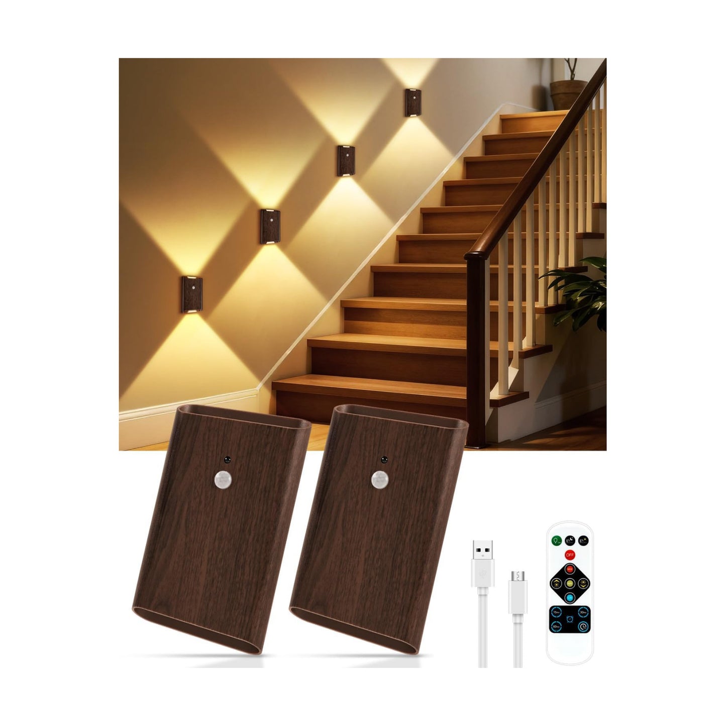 WERFOP Rechargeable Motion Sensor Wall Light Set of 2 (Walnut) | 5000mAh Wireless Battery Operated,3 Colors Up/Down