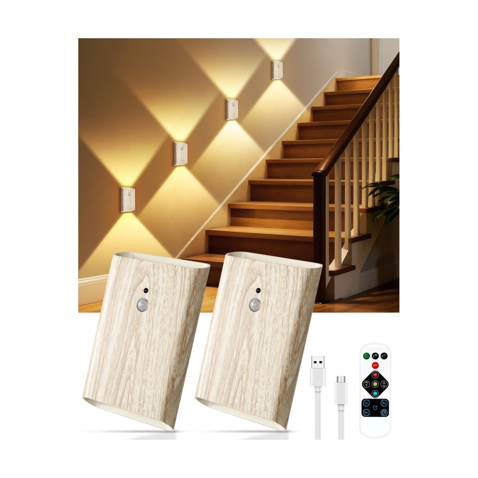 Rechargeable Motion Sensor Wall Sconce Set of 2 (Wood) | 5000mAh Battery Operated Wall Light Indoor, 3 Colors Up/Down