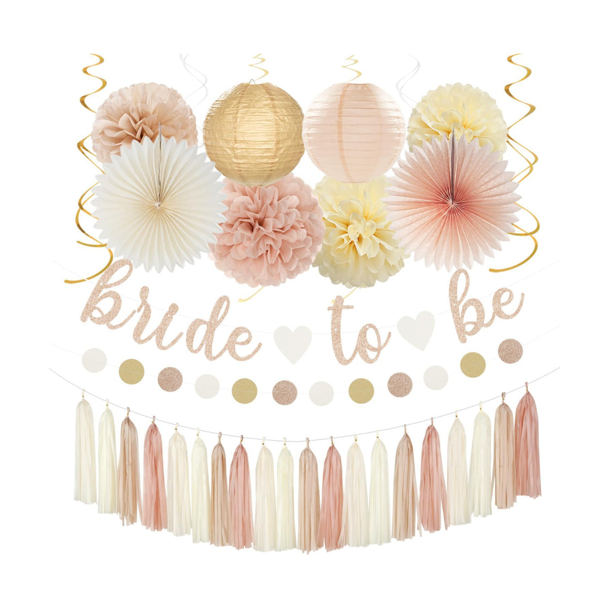 Champagne-Gold Beige Fall Bridal-Shower Party-Decorations - 36pcs Bride To Be Banner,Bachelorette Paper Lanterns,Wedding Streamers Garland,Boho Peach Tissue Pom Poms Flower Fan Decor Supplies Burgleda