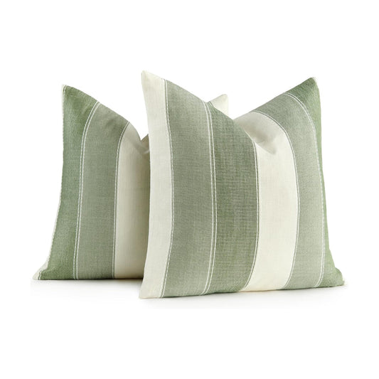 Farmhouse Stripe Check Throw Pillow Covers Set Case Cotton Linen / 18 x 18 / Sage Green / Set of 2