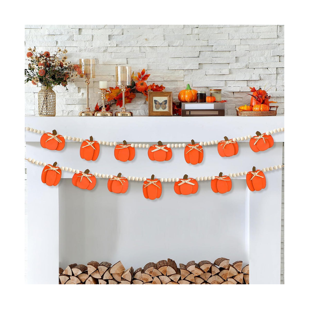 Geelin 8.2 ft Fall Pumpkin Wood Bead Garland Banner, Pumpkin Fall Hanging