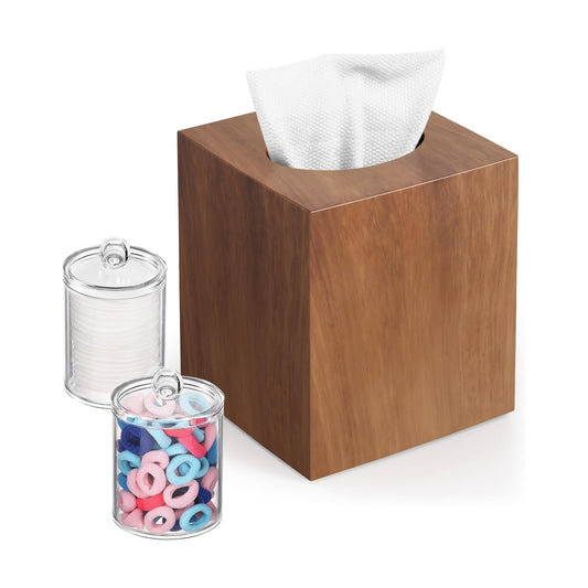 Square Facial Acrylic Tissue Holder / with 2 Qtip Holder Dispenser / Wood Grain / Clear / Set of 2