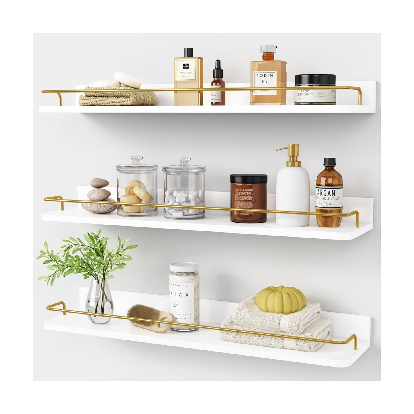Forbena 24 Inch Bathroom Floating Shelves for Wall Set of 3, Gold Bathroom Shelves Over Toilet Wall Mounted with Rail