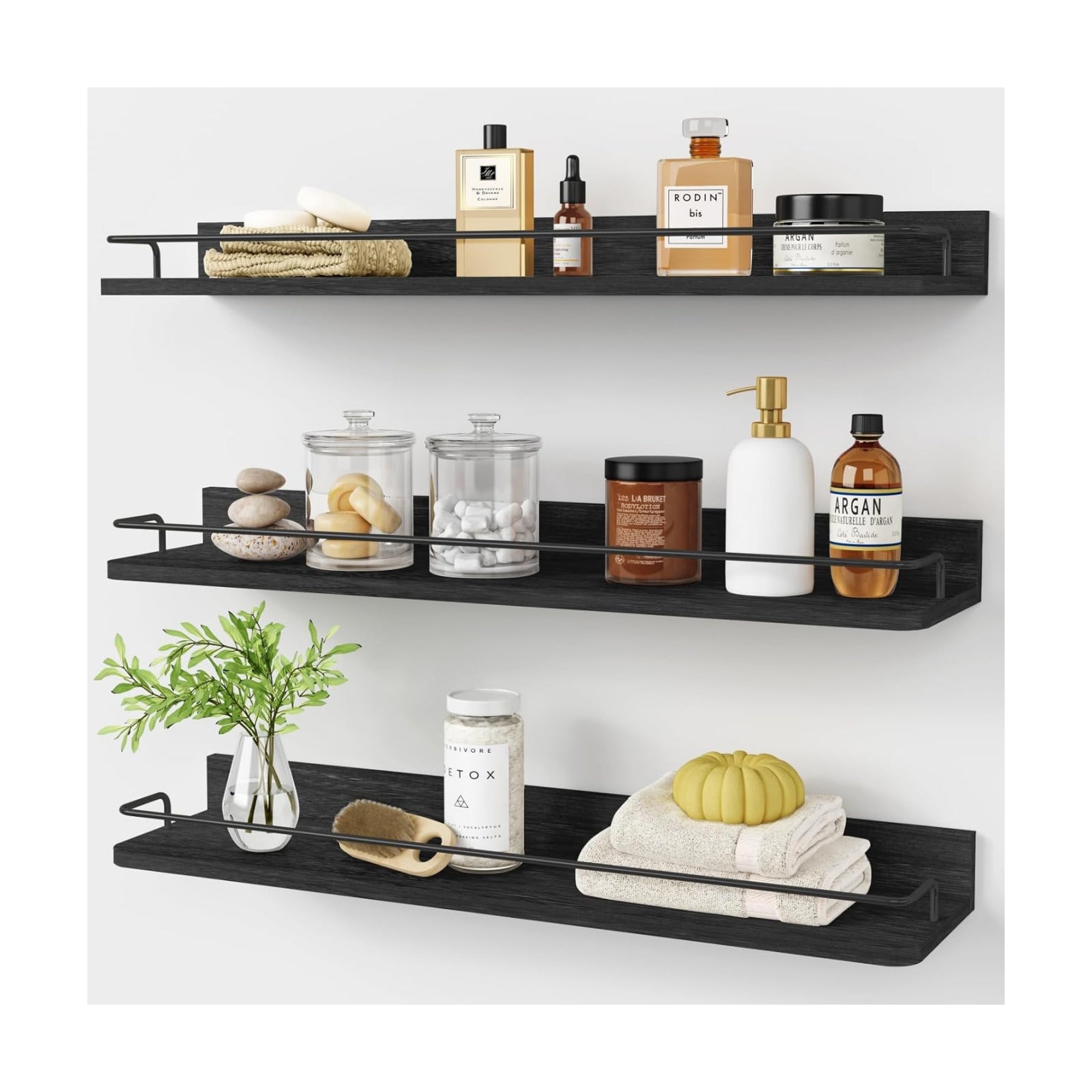 Forbena 24 Inch Wall Shelves for Bedroom 3-Pack, Black Floating Shelves with Rail, Vintage Large Floating Book Shelves