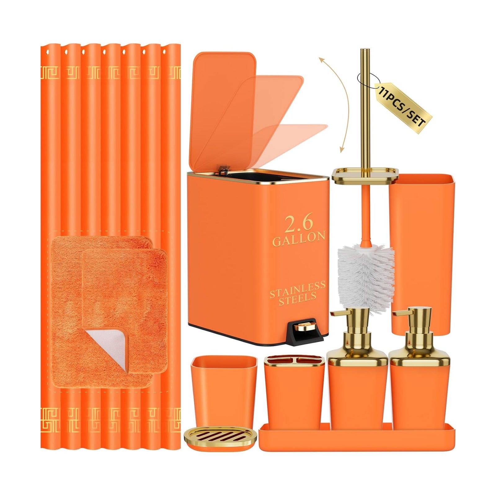 XLHOMO 11PCS Bathroom Sets with Shower Curtain and Rugs Bathroom Accessories Set Orange Bathroom Set,Soap Dispenser &