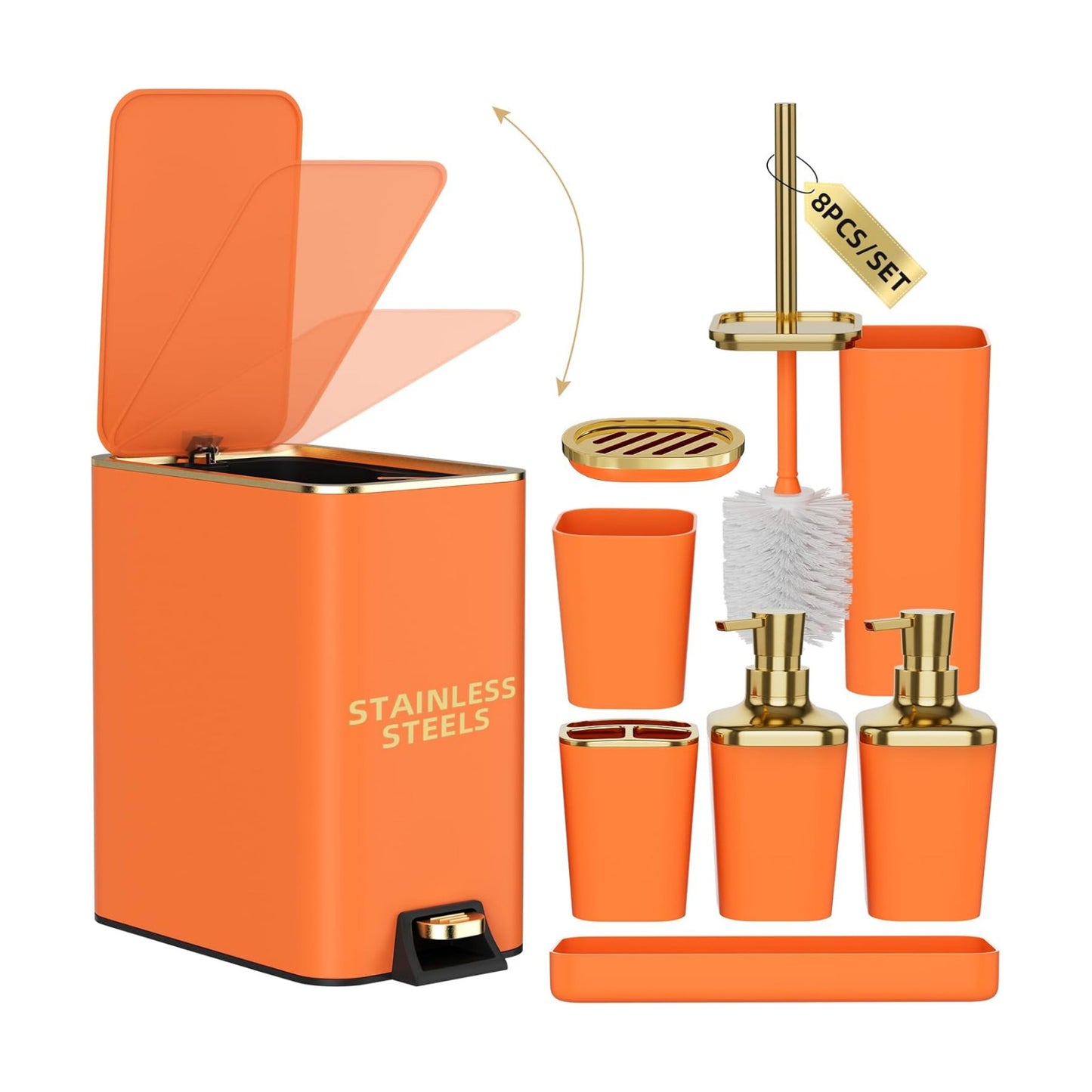 XLHOMO Bathroom Accessories 8 Piece Orange and Gold Bathroom Set, Bath Accessories with Stainless Steel Trash