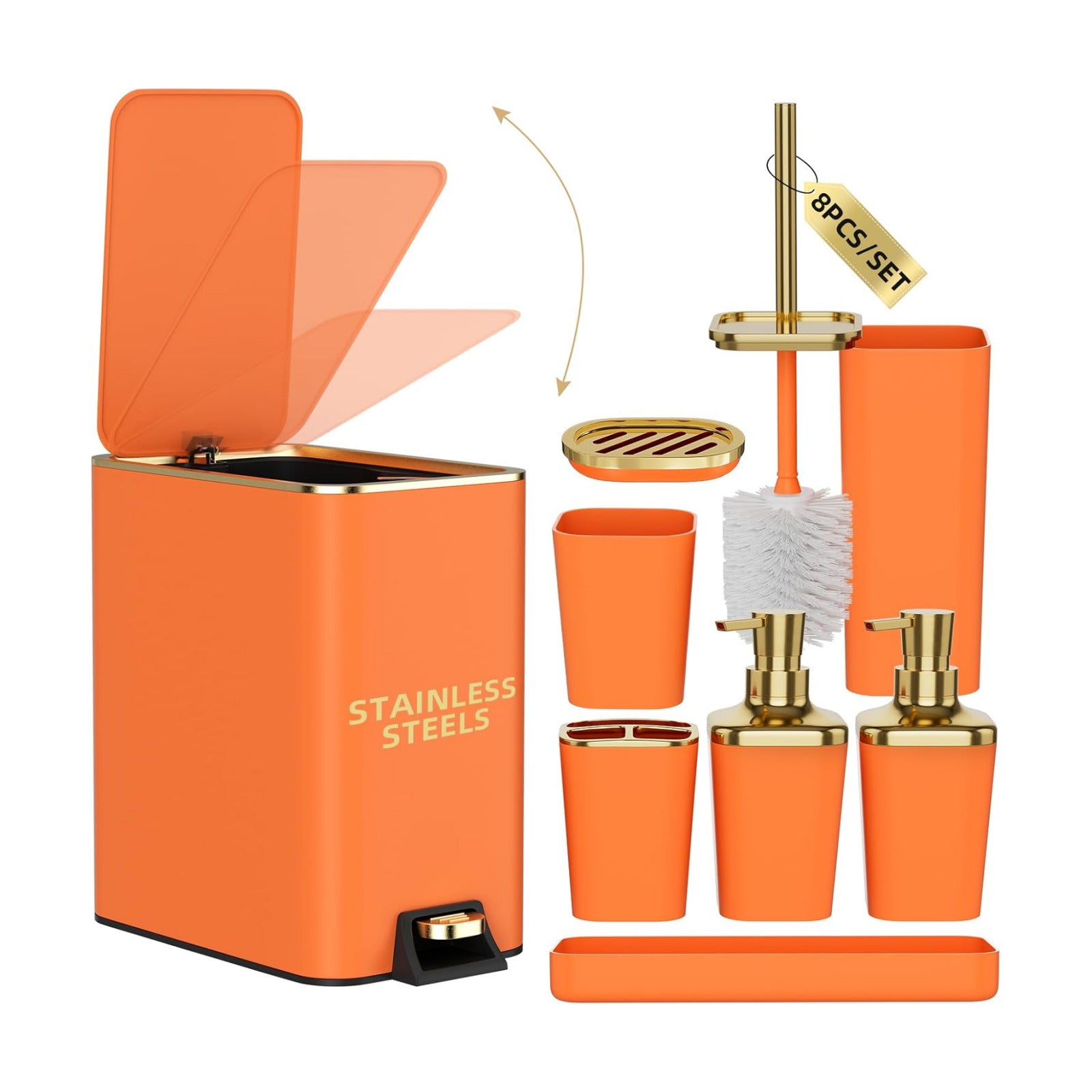 XLHOMO Bathroom Accessories 8 Piece Orange and Gold Bathroom Set, Bath Accessories with Stainless Steel Trash