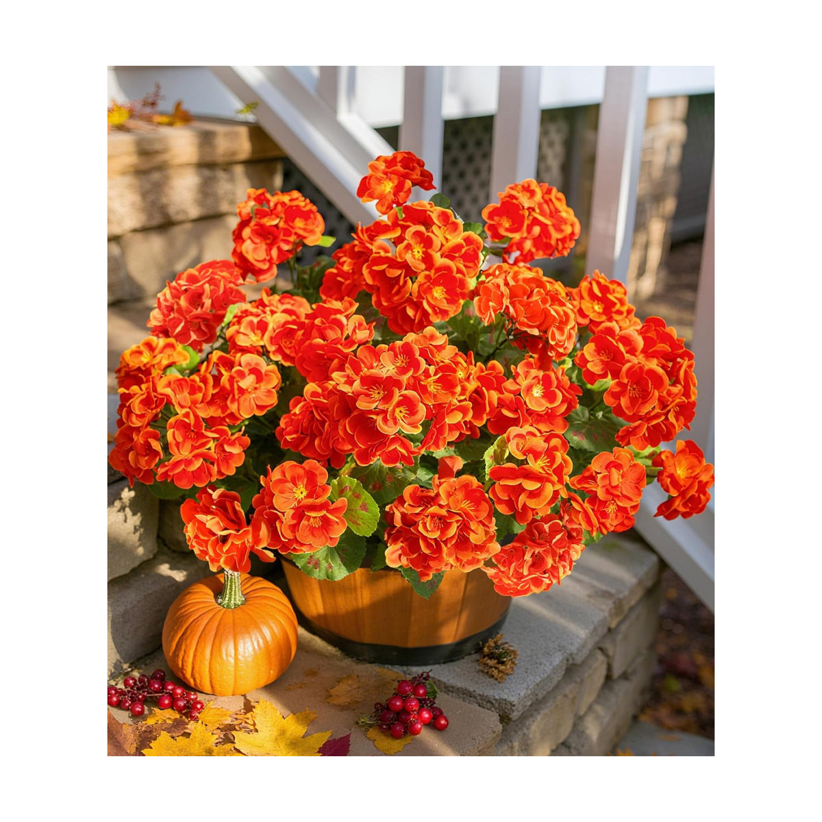 Fake Geraniums Artificial Flowers for Outdoors Fall Autumn Decoration, 6 Bundles Silk Geraniums UV Resistant Look Real Orange Faux Flowers Plants for Front Door Garden Planter Patio Balcony Yard Home