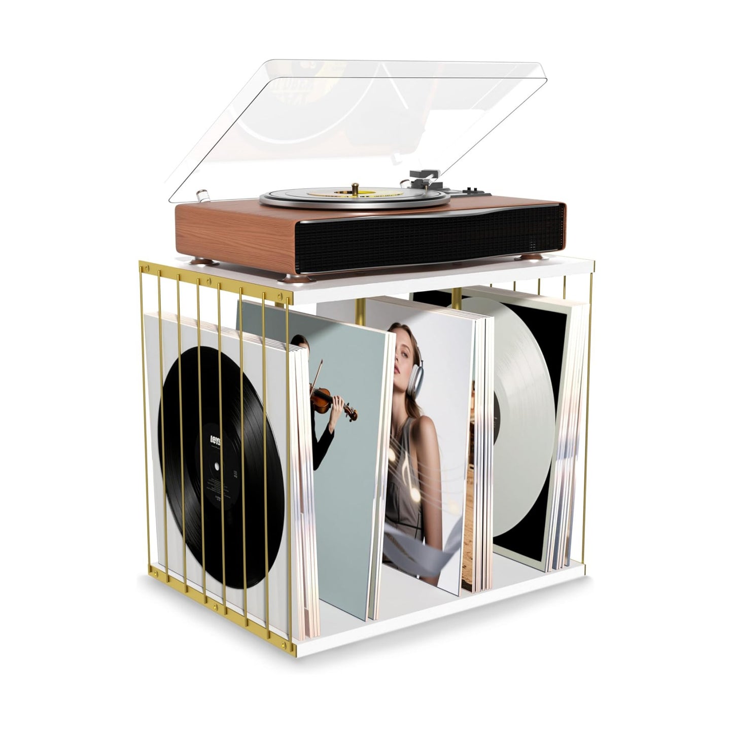Emfogo Vinyl Record Storage, Metal & Wooden Vinyl Record Holder Up to 80 Album, 3-Compartment Record Player Stand for