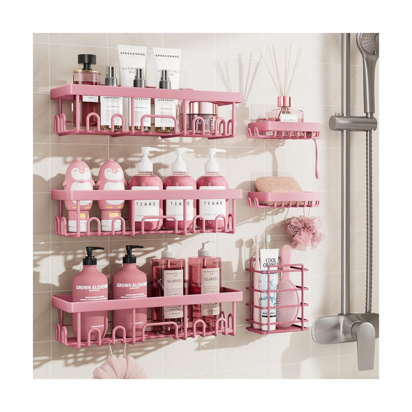 Veken Large Capacity Shower Caddy 6-Pack, No Drilling & Rustproof, Adhesive Shower Shelves with Soap Holder, Bathroom