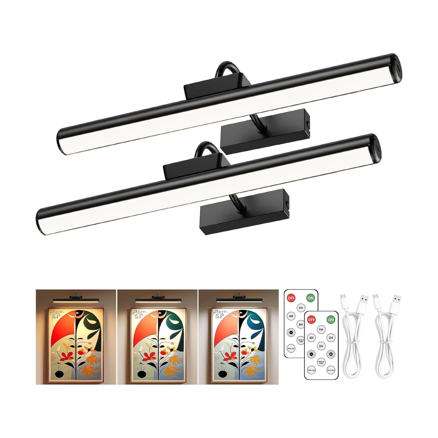 16" Wireless Picture Lights for Wall, Rechargeable Art Light, 2Pack Black | Aluminum Photo Frame Light, Remote & Touch