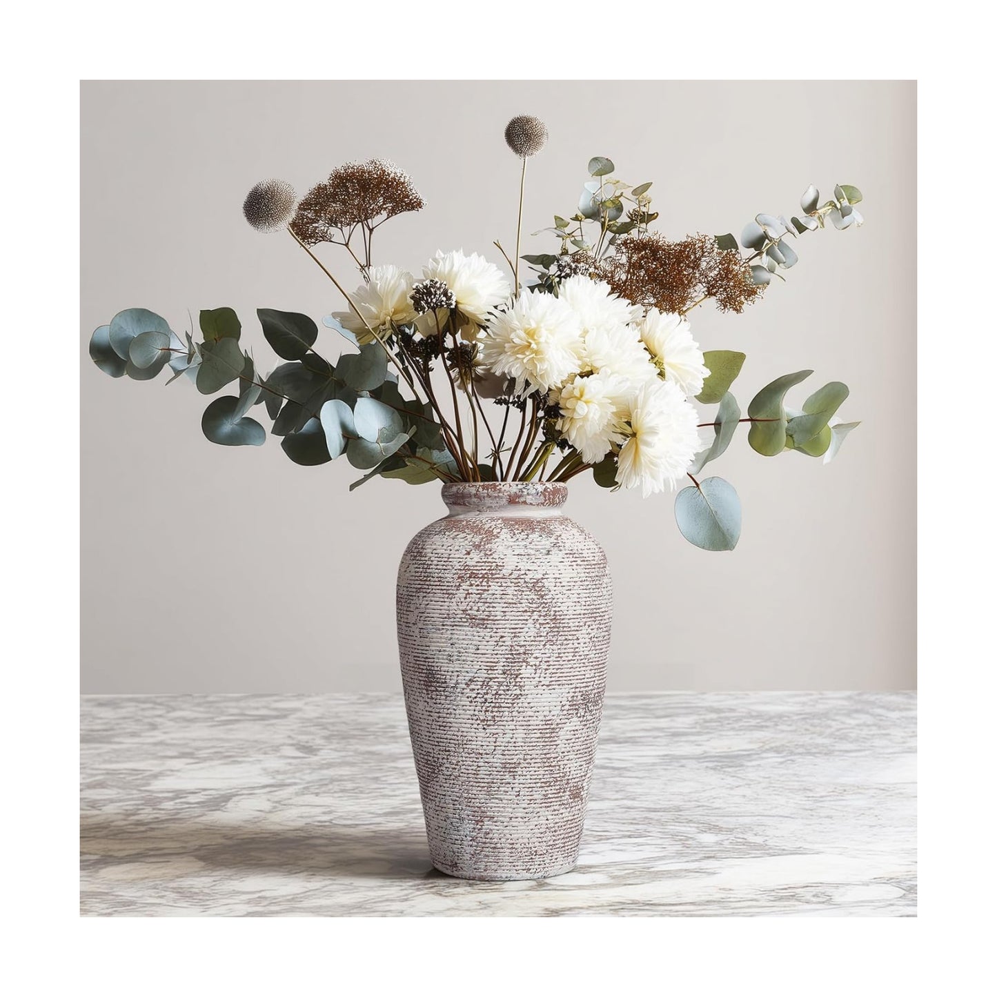 Rustic Farmhouse Vase / 11 Inch / Brown and White