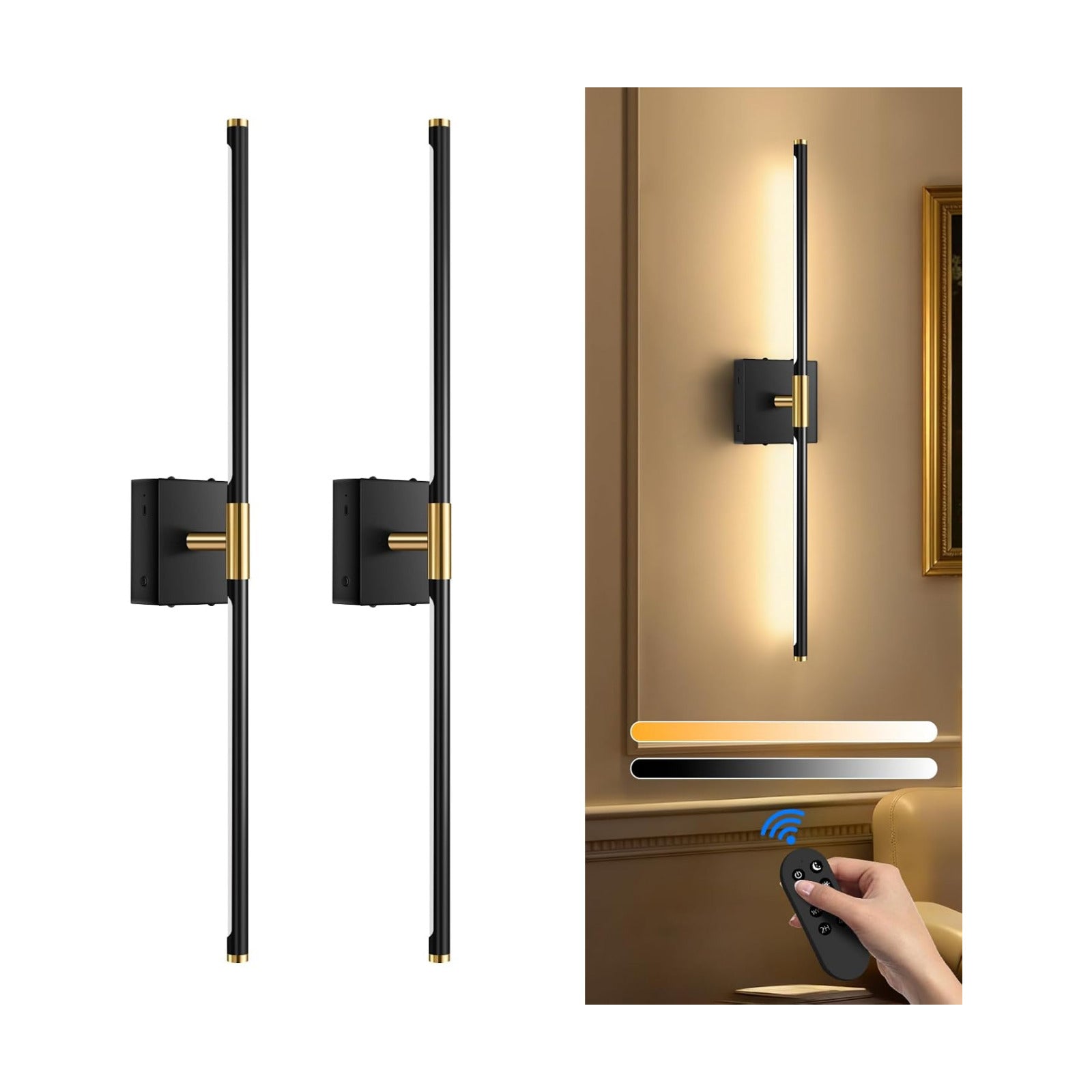 SAIMAND Battery Operated Wall Sconces Set of 2, Wireless Lights with Remote | USB Rechargeable Picture Lamp, 360°