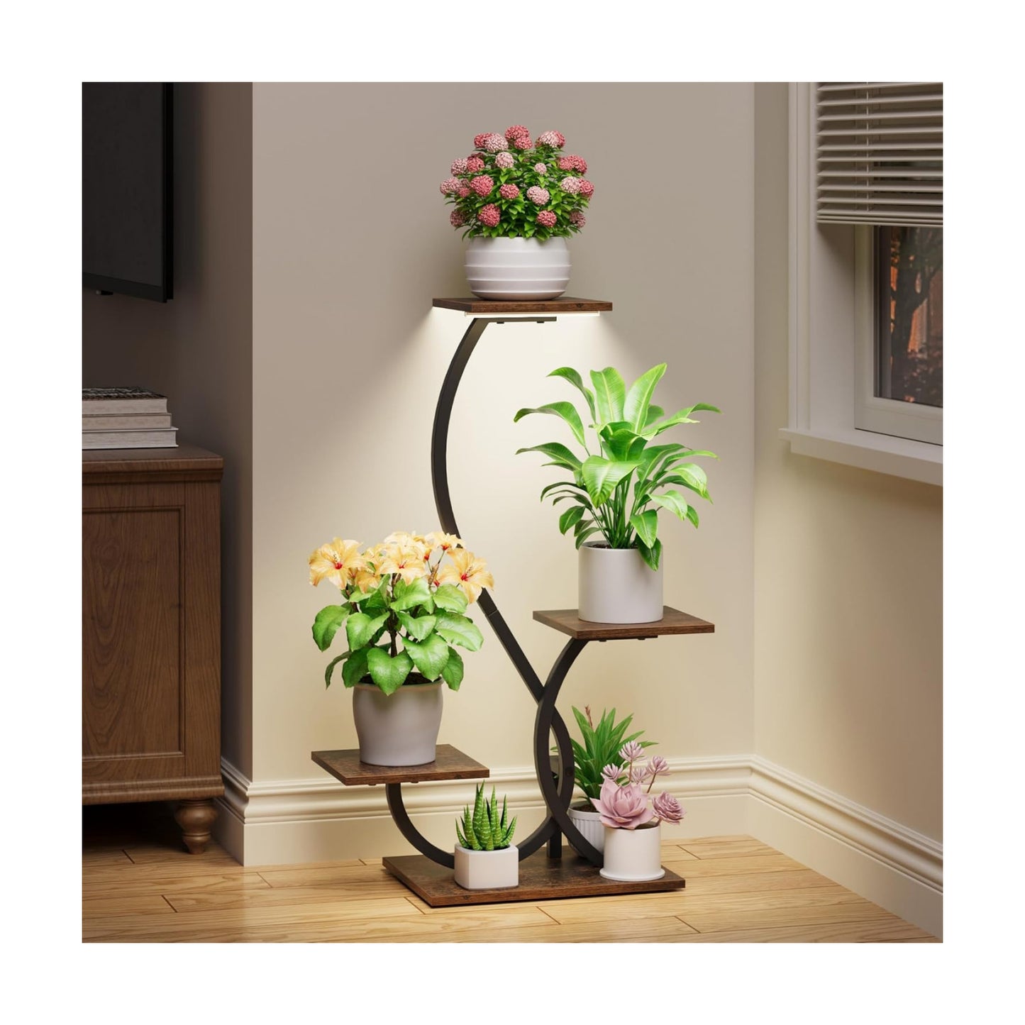 BACEKOLL Plant Stand with Grow Lights 4 Tier Metal Indoor Plant Shelf 32" | S-Shaped Corner Plant Stands Indoor, Grow