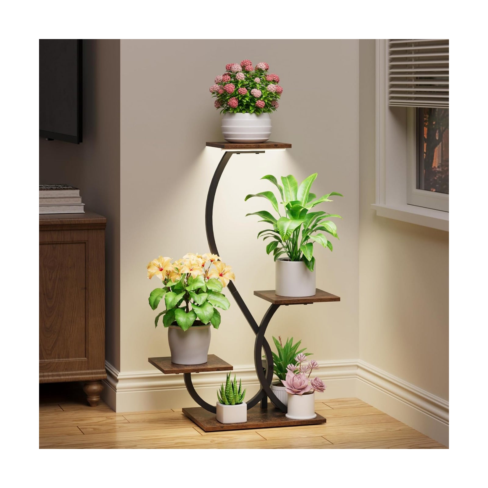 BACEKOLL Plant Stand with Grow Lights 4 Tier Metal Indoor Plant Shelf 32" | S-Shaped Corner Plant Stands Indoor, Grow