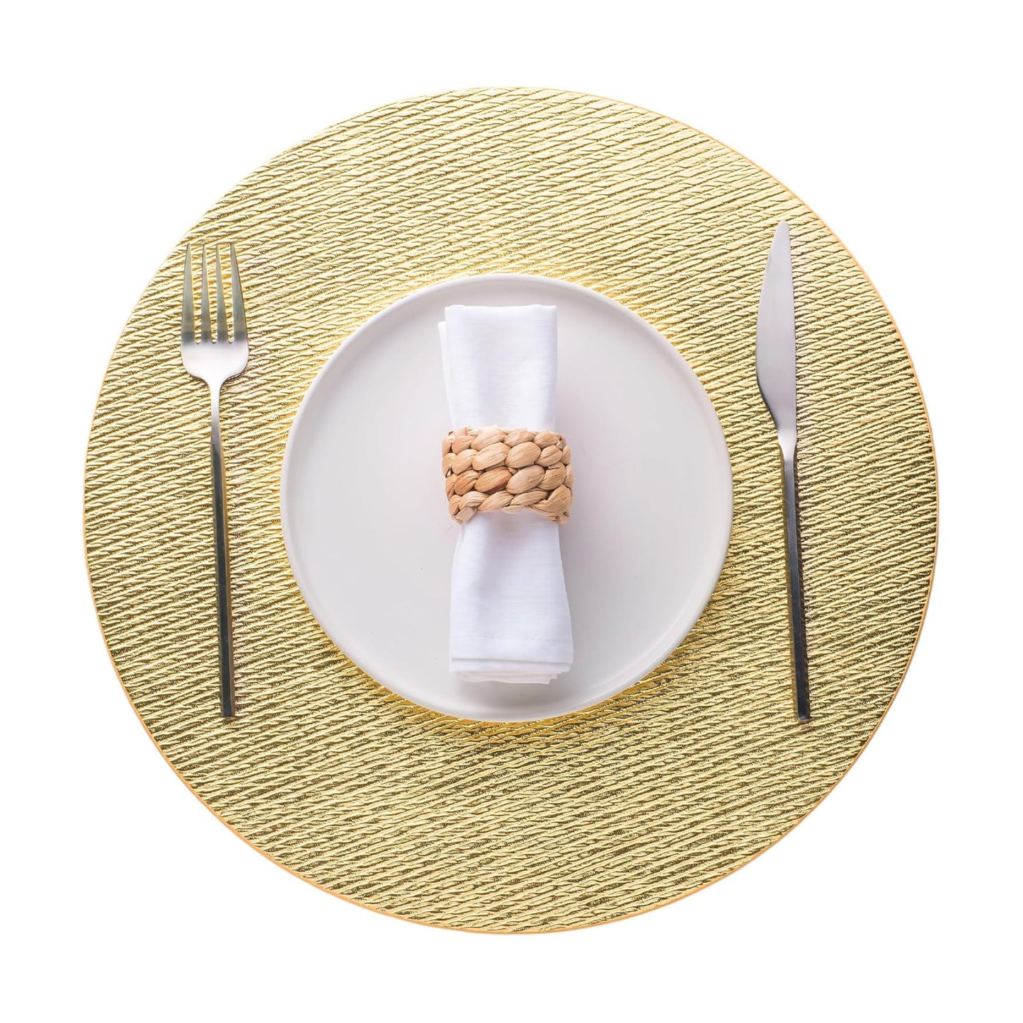 Jovono 15" Faux Leather Big Round Placemats Set of 8 - Washable Heat Resistant Non-Slip Dining Table Mats with Fabric