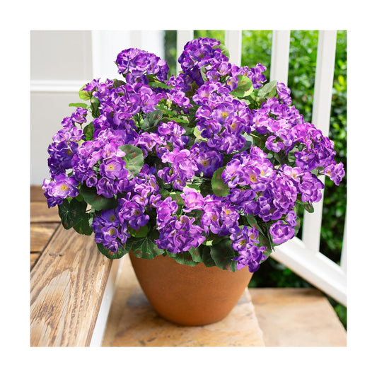 Artificial Geranium Fake Flowers for Outdoors Decoration, 6 Bundles Silk Geraniums Flower UV Resistant Look Real Faux Plants for Outside Planter Front Door Garden Patio Balcony Yard Home, Purple