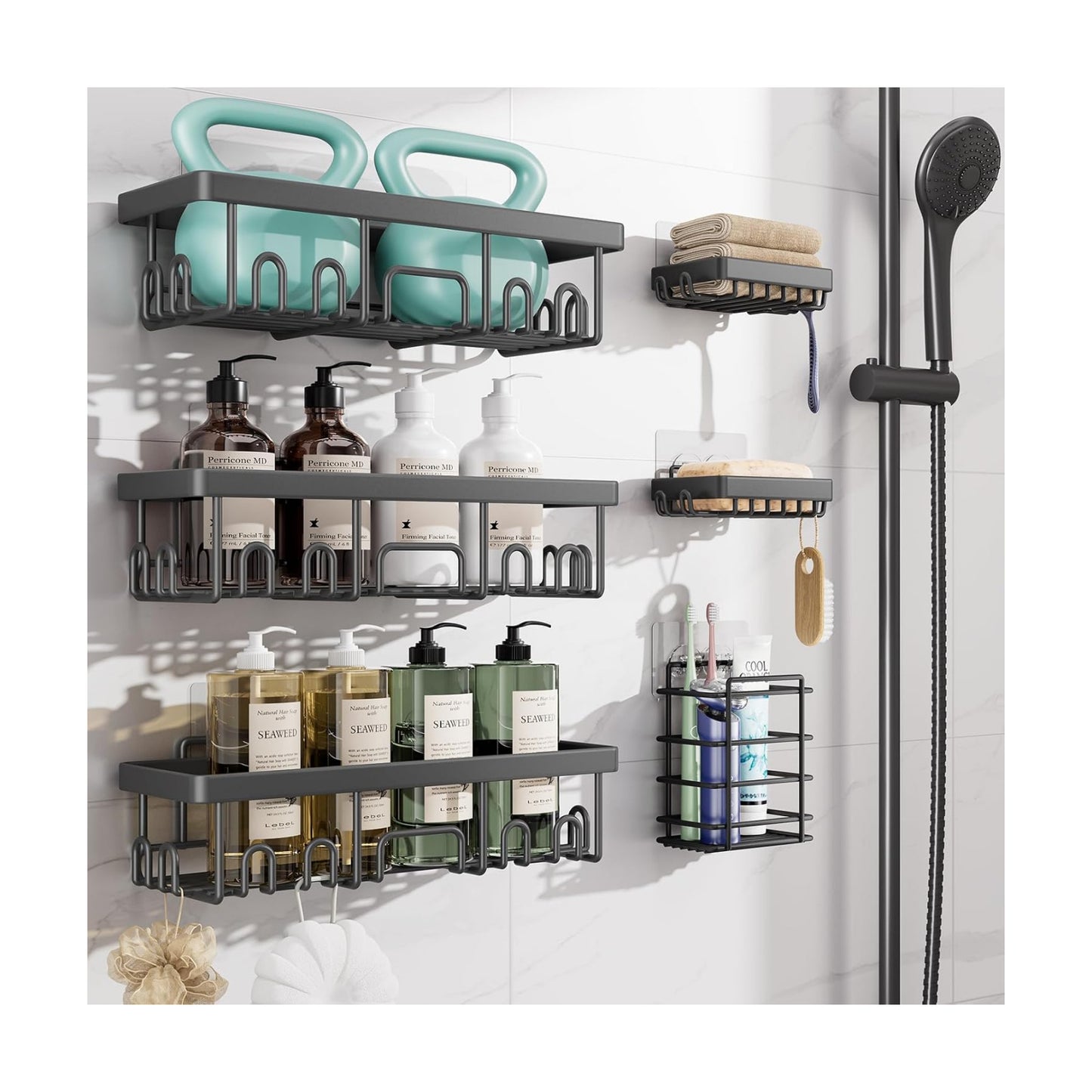 Veken Rustproof & Waterproof Shower Caddy 6-Pack, No Drilling Adhesive Shelves Rack with Soap Holder, Large Capacity