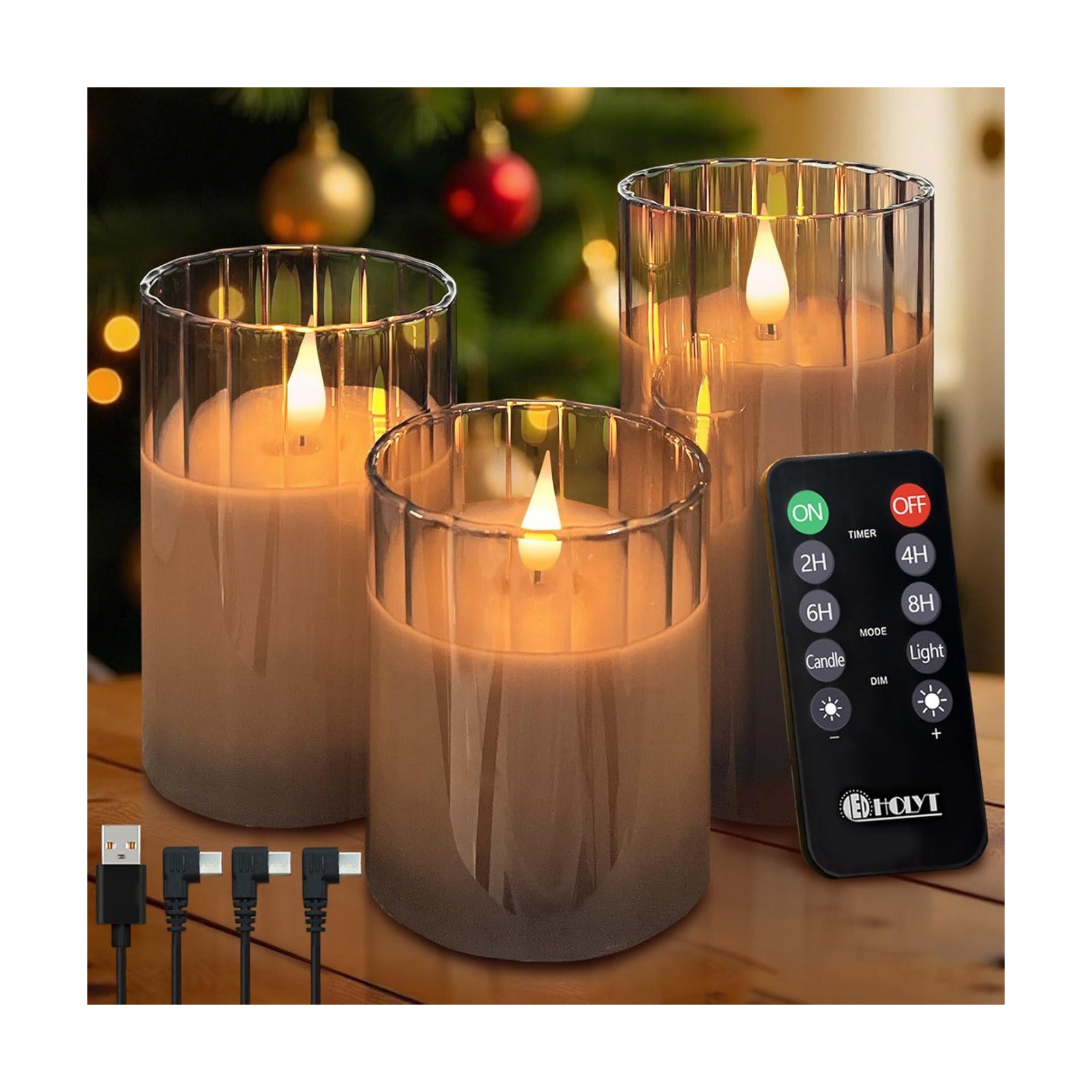 LEDHOLYT Rechargeable Flameless Candle, Flashing LED Pillar Real Wax Candle with Remote Control and Timer, Grey Stripes