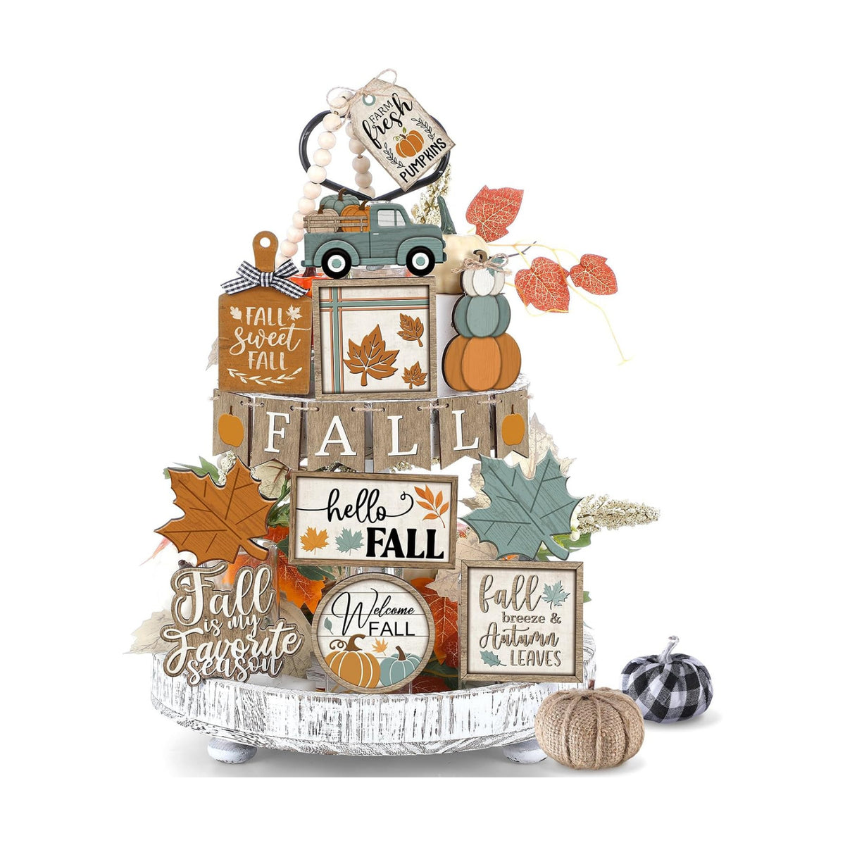 DoubleFill 21 Pcs Fall Tiered Tray Decoration Set Autumn Table Sign