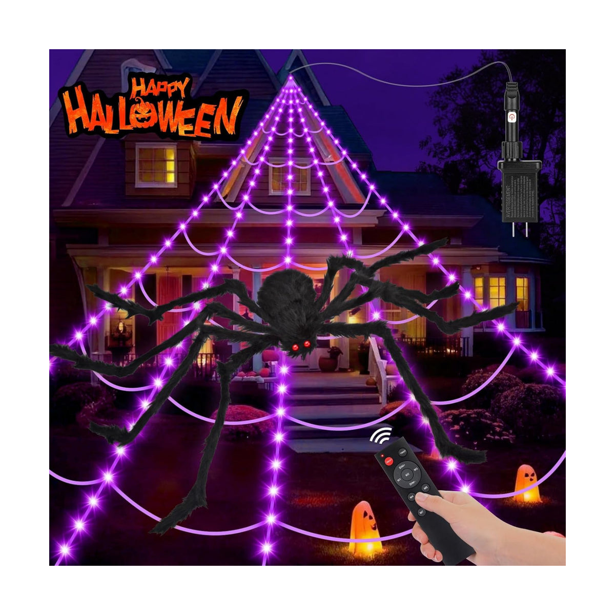 OCATO 200" Halloween Decorations Spider Web Lights Outdoor +59" Fake Spider