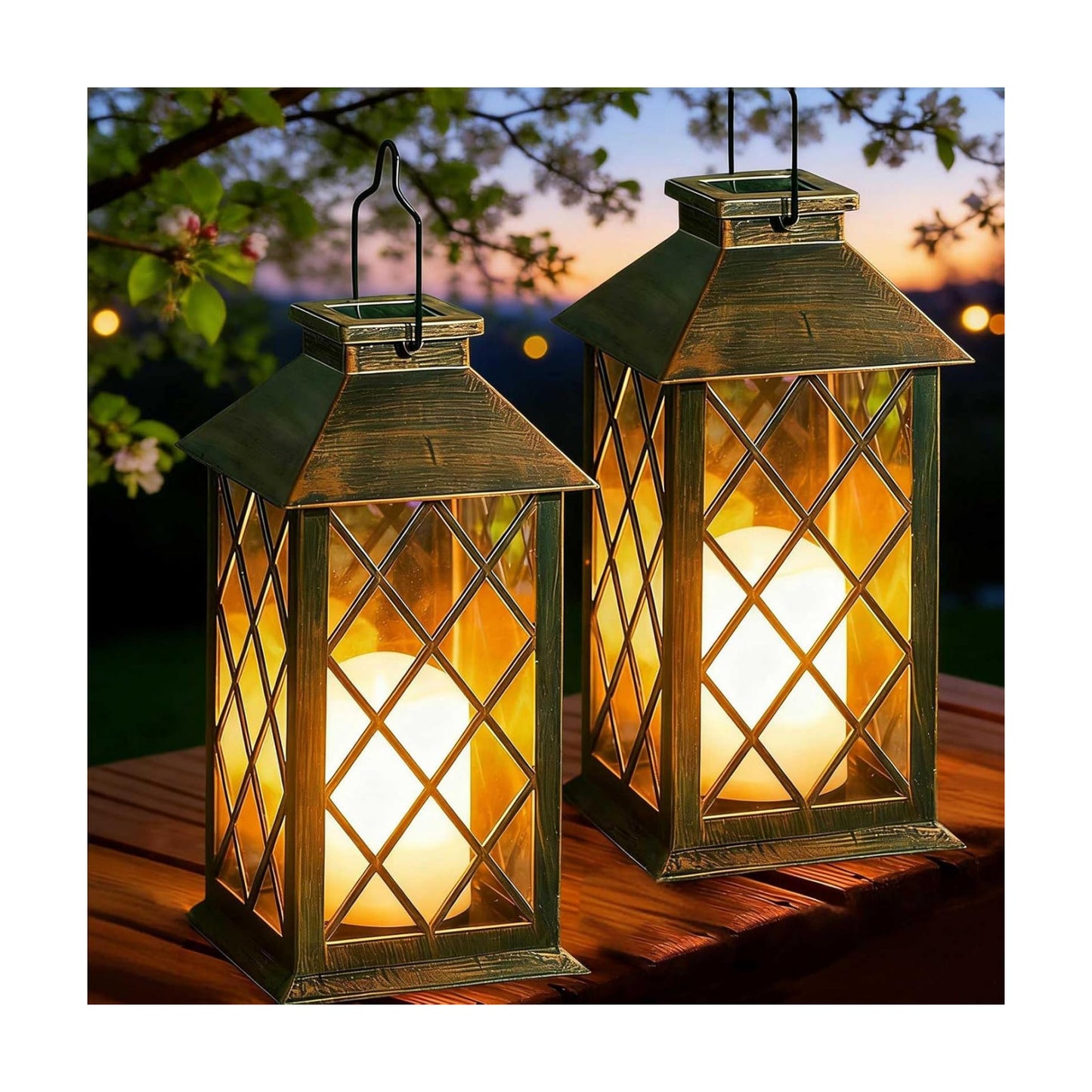 2 Pack 9" Medium Tempered Glass Solar Lanterns Outdoor Waterproof | Hanging Solar Lights with Flickering Flameless