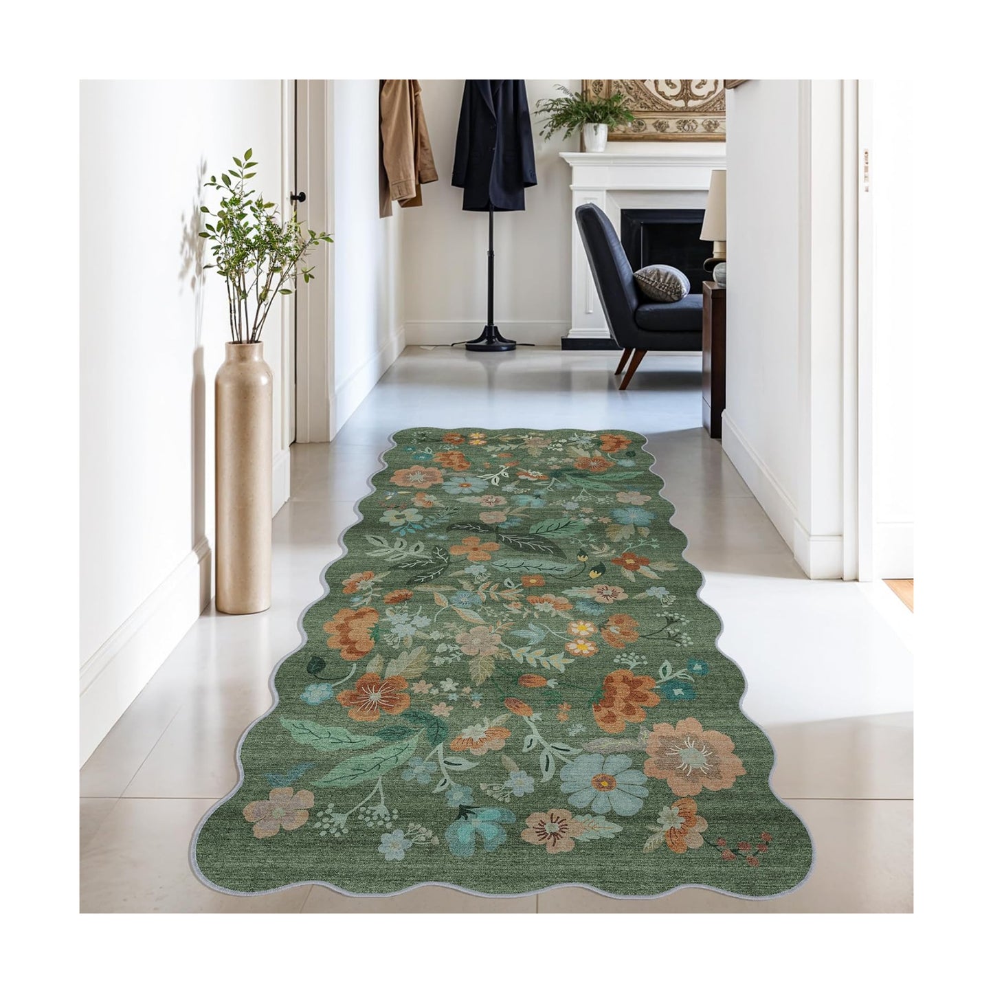 Hallway 3x6 Washable Runner Rug - Indoor Floral Scalloped Kitchen Entryway Low Pile Carpet Soft Non Slip Floor Mat for