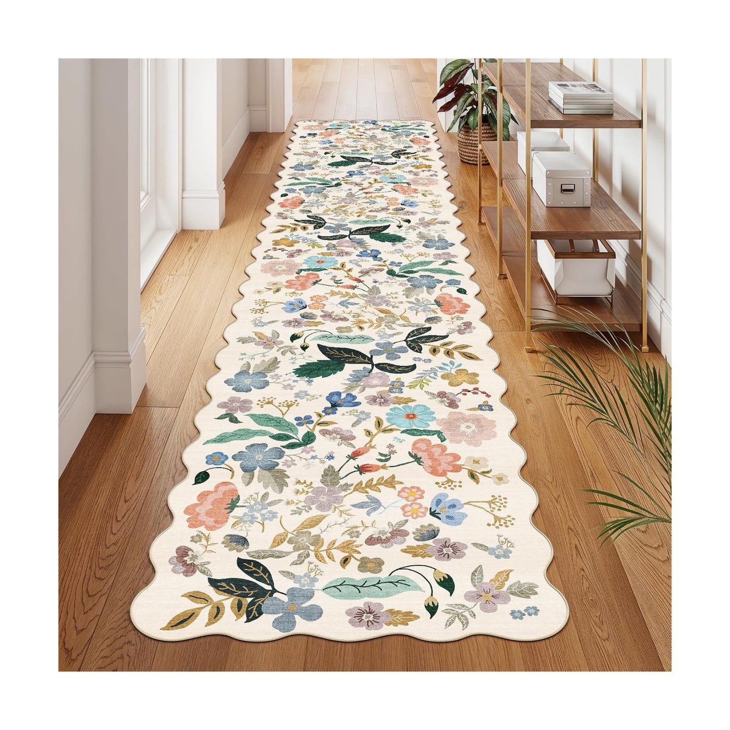 Washable Hallway 2'6x12 Runner Rug: Floral Scalloped Rug for Kitchen Entryway Farmhouse Soft Carpet for Bathroom