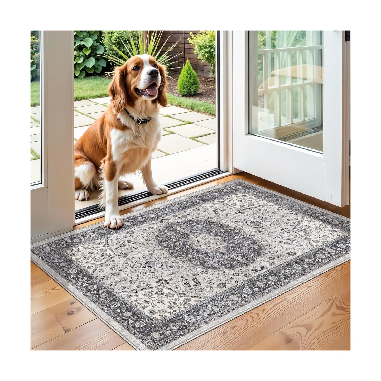 Washable 2x3 Entryway Area Rug: Vintage Soft Thin Door Mat with Non Slip Backing Water Resistant Carpet for Bedroom Low