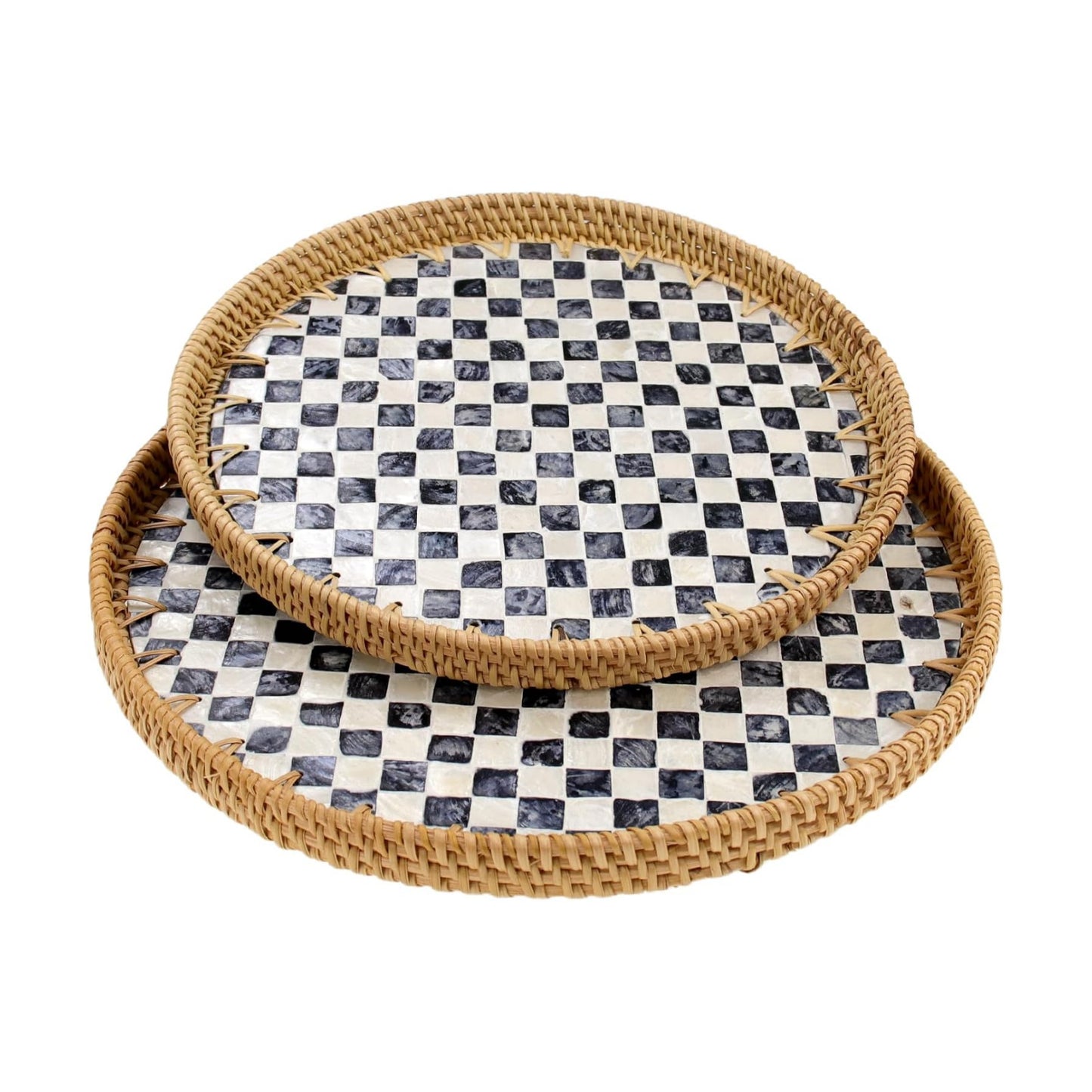 Round Rattan Mother of Pearl Inlay Serving Tray / Checkerboard / 11.8 Inch / Set of 2