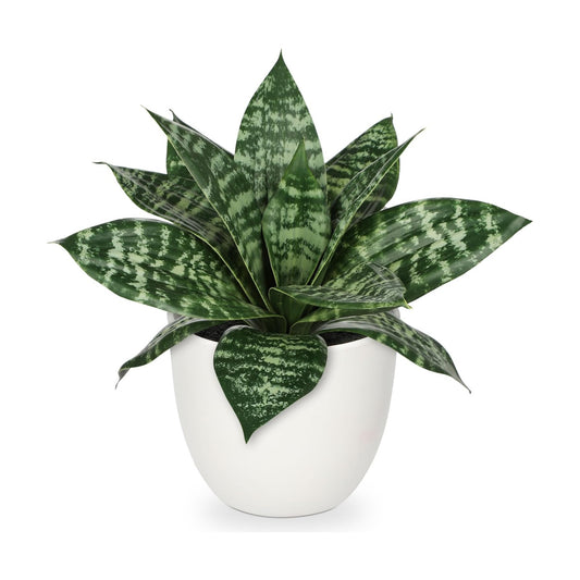 Artificial Snake Plants 9" Faux Agave Succulent Plant Potted in White Pot Fake / Green #4-white Pot