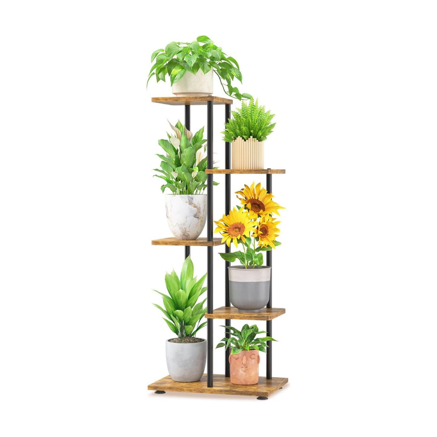 LASZOLA Plant Stand Shelf Tall for Indoor Corner, 4 Tier Wood Brown | Heavy Duty Multi Level Vertical Flower Rack for