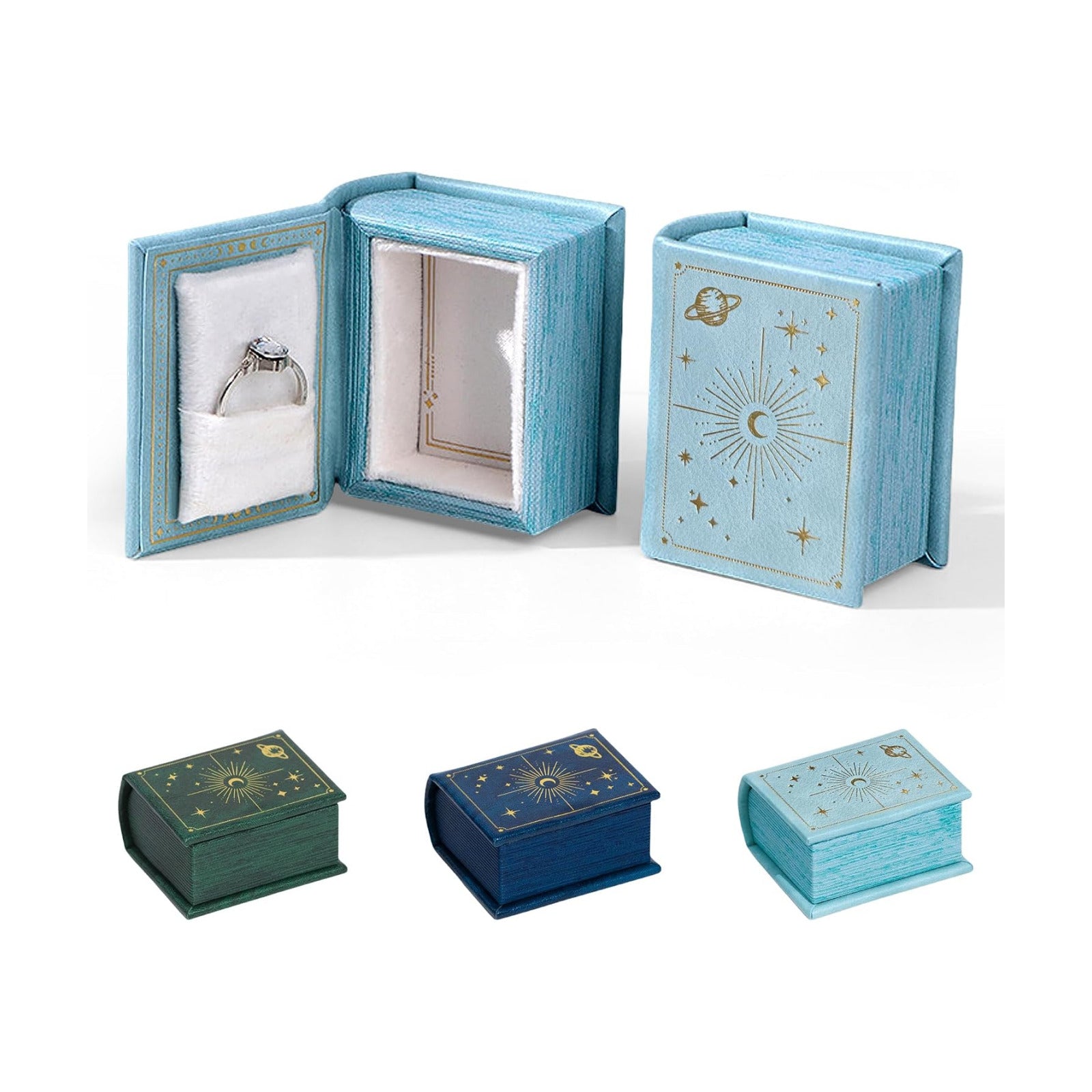 Vintage Magic Book-Shaped Ring Box Starry Sky Pattern PU Leather / Sky Blue