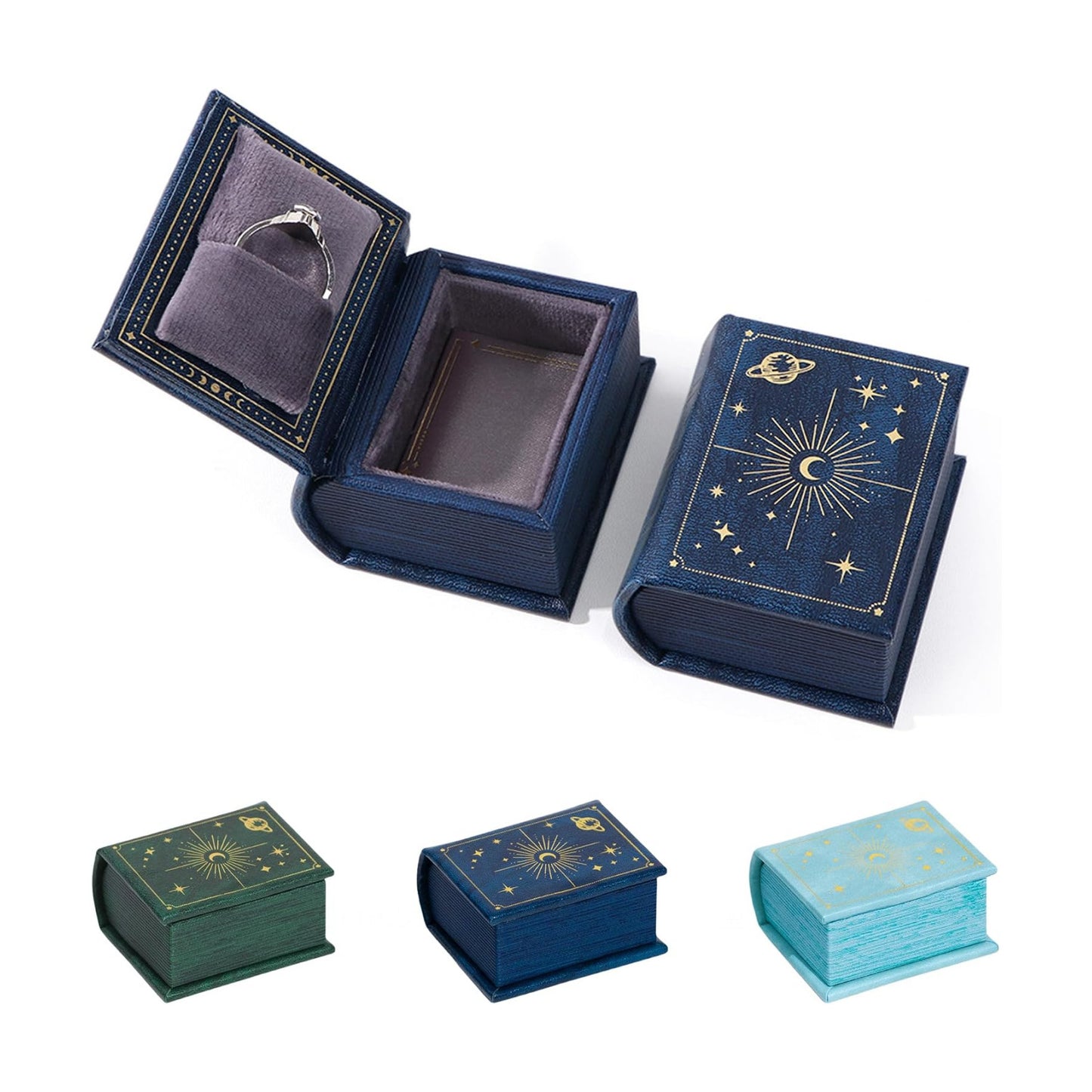 Vintage Magic Book-Shaped Ring Box Starry Sky Pattern PU Leather / Blue