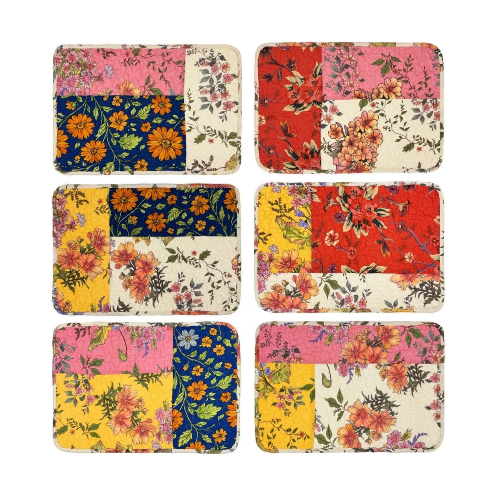 6-Piece Floral Patchwork Quilted Placemats, Original | 13 x 19 inch, reversible quilted cotton, six distinctive