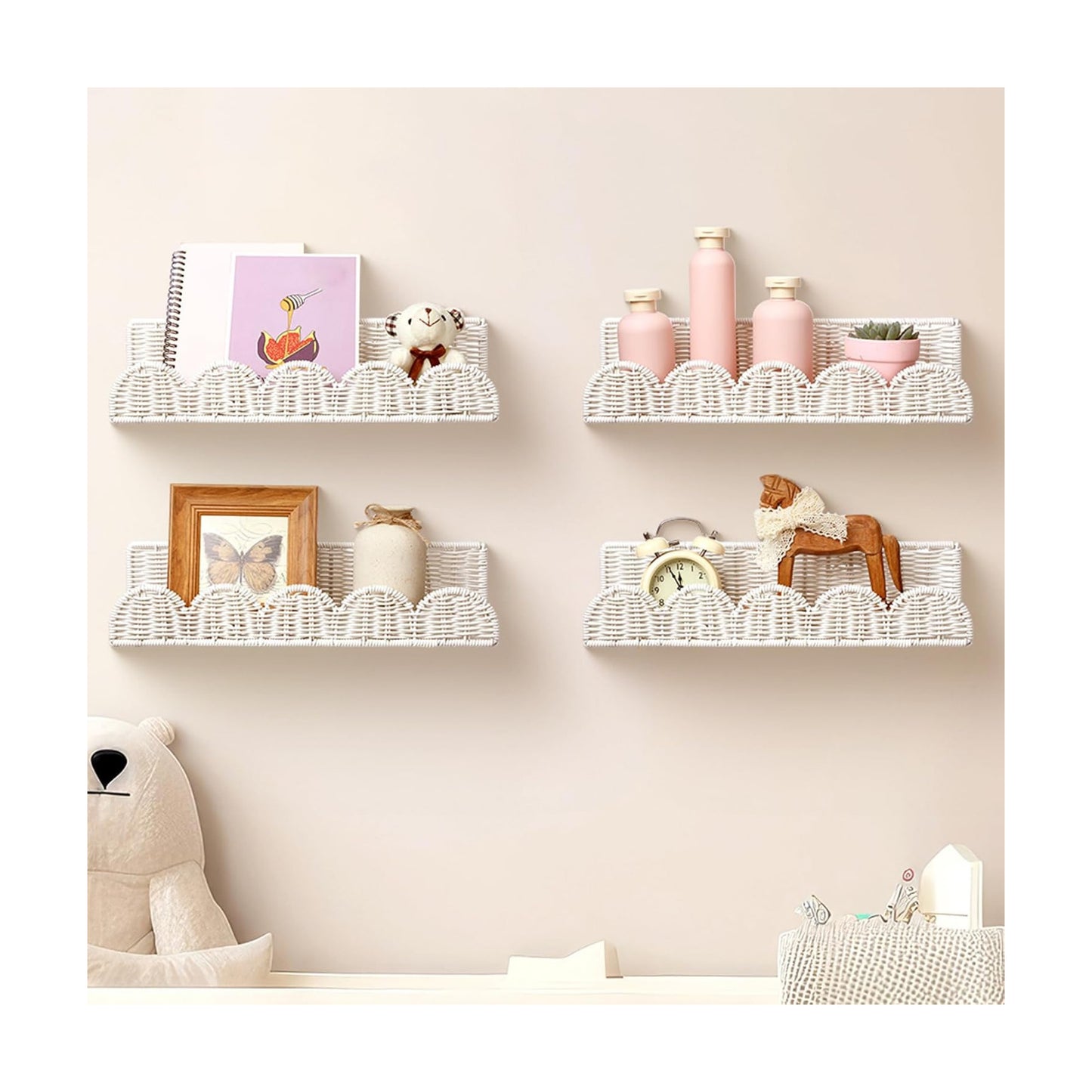 Nursery Book Shelves Rattan Scalloped Floating Bookshelves Wicker Boho / 15.8 Inch / Cute / Set of 4