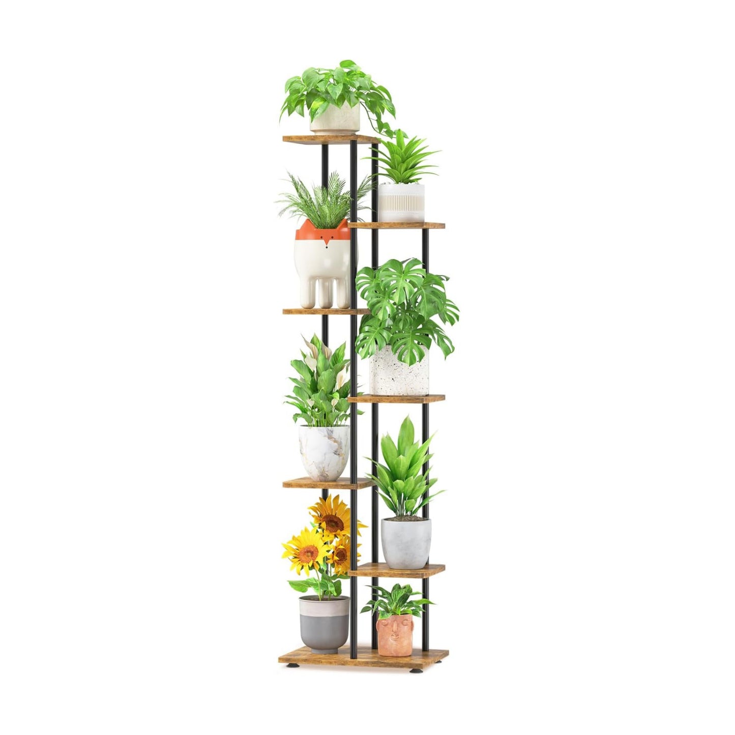 LASZOLA Plant Stand Shelf Tall for Indoor Corner, 6 Tier Wood Brown | Heavy Duty Multi Level Vertical Flower Rack for