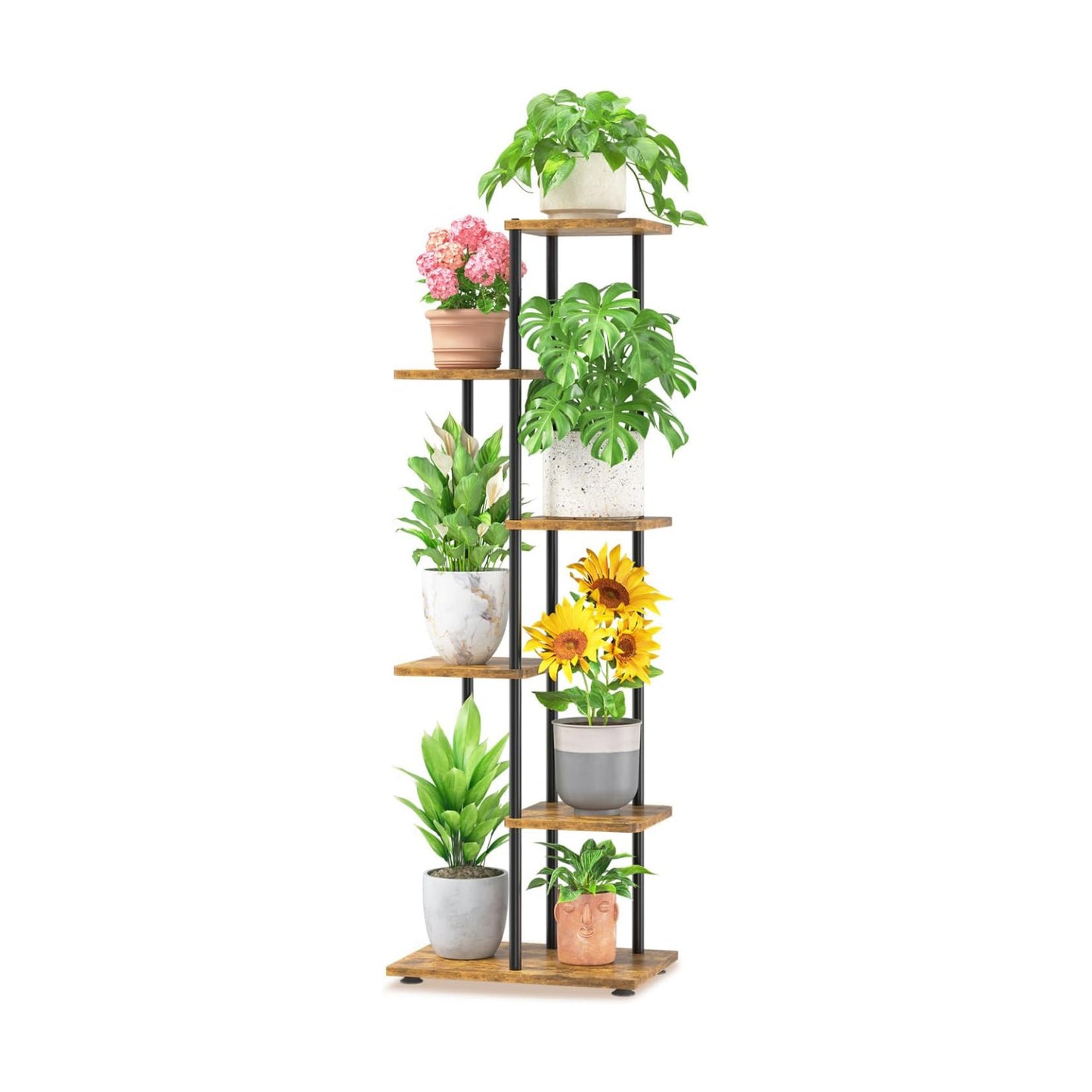 LASZOLA Plant Stand Shelf Tall for Indoor Corner, 5 Tier Wood Brown | Heavy Duty Multi Level Vertical Flower Rack for