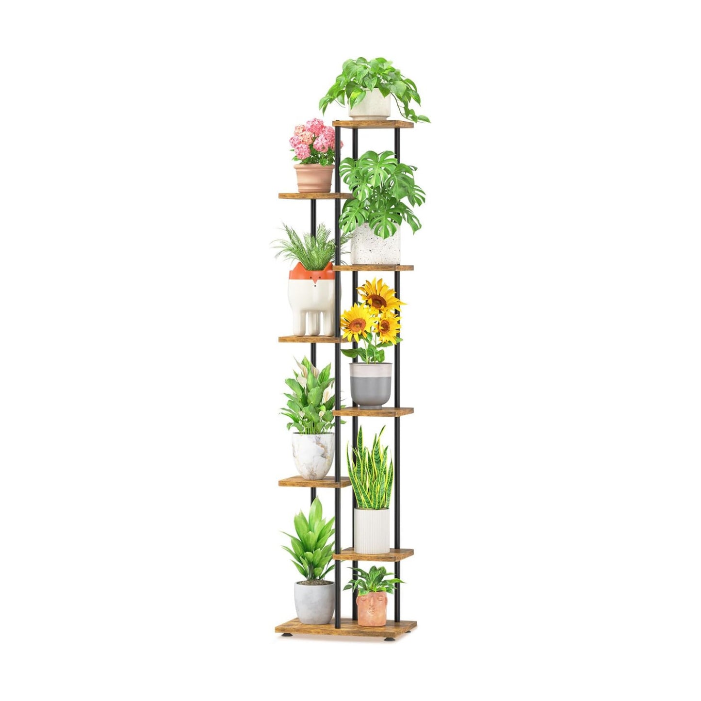 LASZOLA Plant Stand Shelf Tall for Indoor Corner, 7 Tier Wood Brown | Heavy Duty Multi Level Vertical Flower Rack for