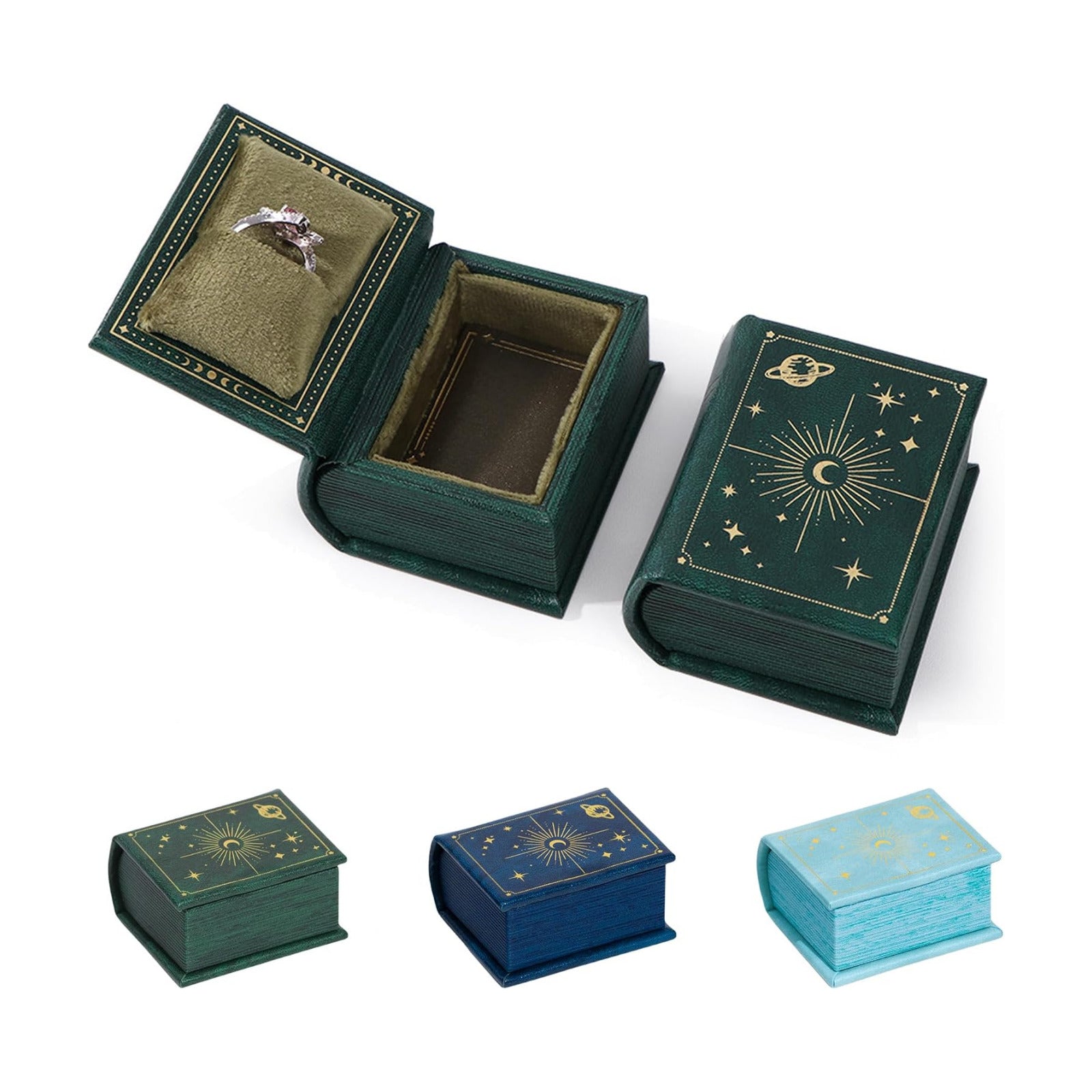 Vintage Magic Book-Shaped Ring Box Starry Sky Pattern PU Leather / Green