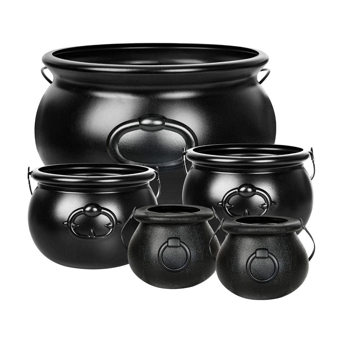 5 PCS Halloween Cauldron with Handle, Black Plastic Candy Holder Pots