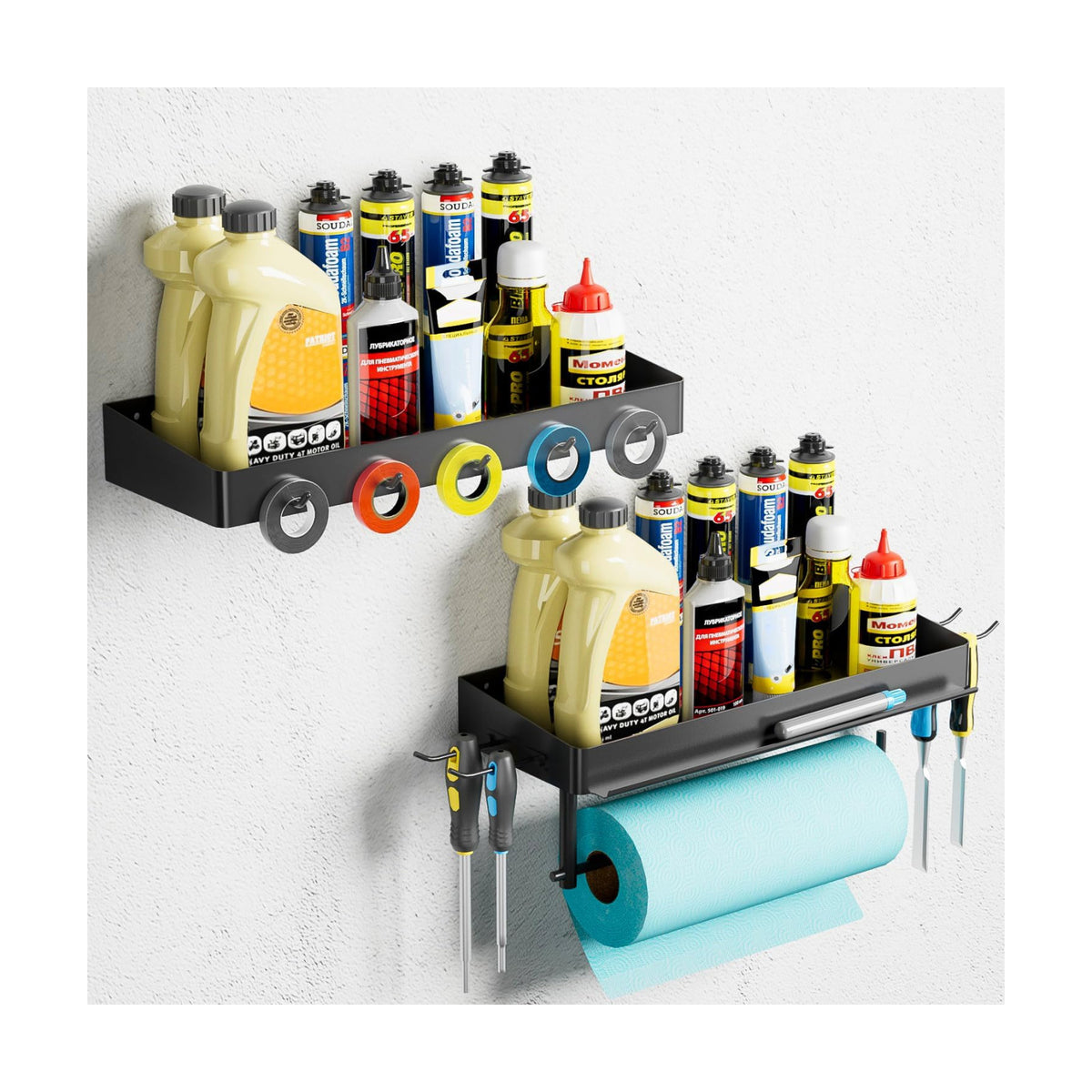 SUNTECH Garage Paper Towel Holder with 2 Shelves, Wall-Mount (Black) | One-Hand Tear Design, Comes with 2 hooks