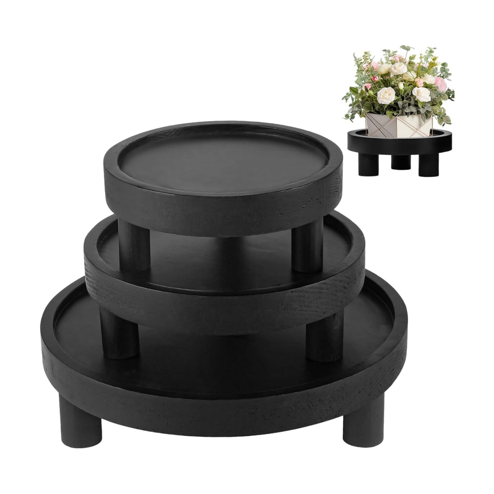 Wood Plant Stand Indoor Outdoor / Black / Set of 3