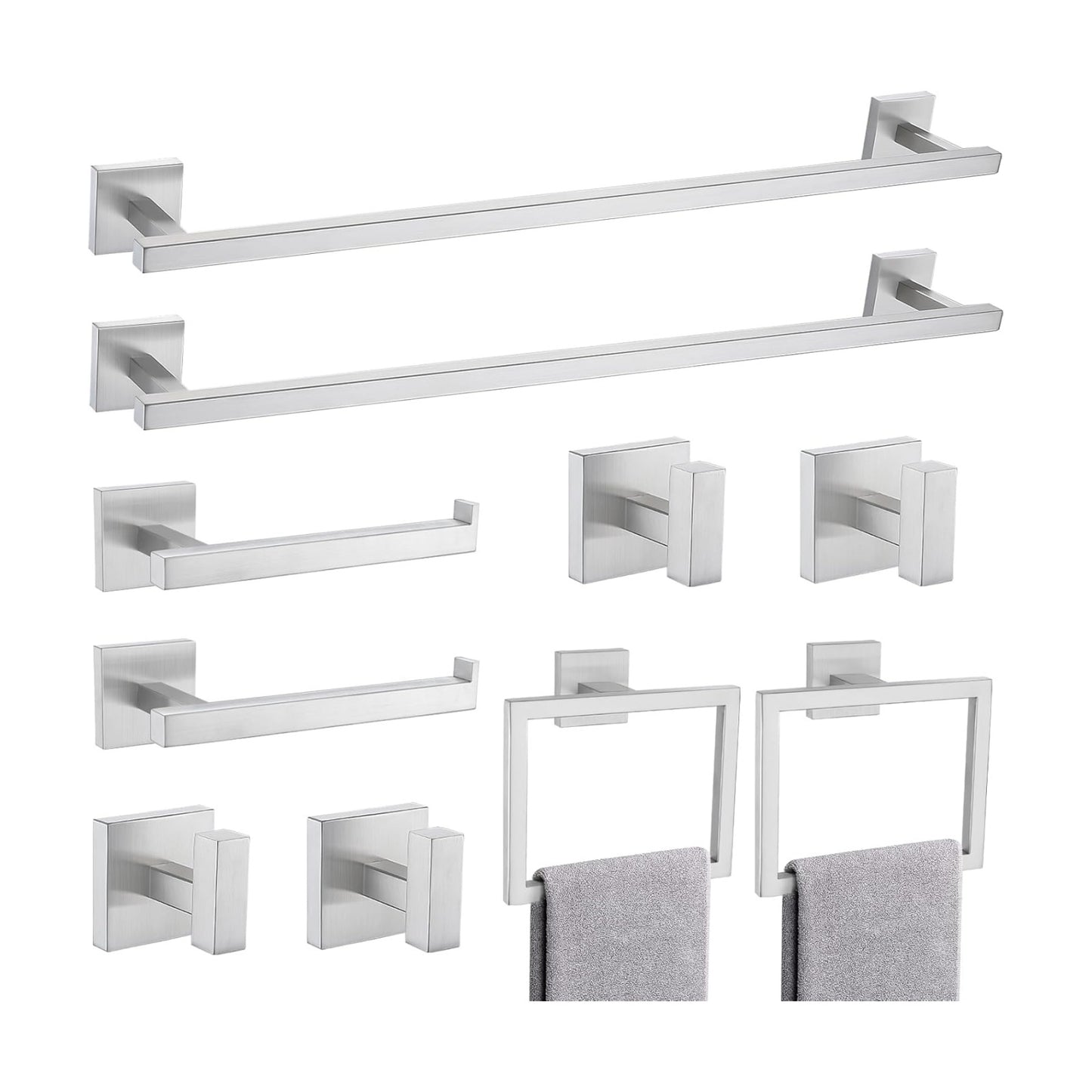 TQKAG Brushed Nickel Bathroom Hardware Accessories Set 10 Pieces, 23.6" SUS304 Stainless Steel Towel Bar Set Wall