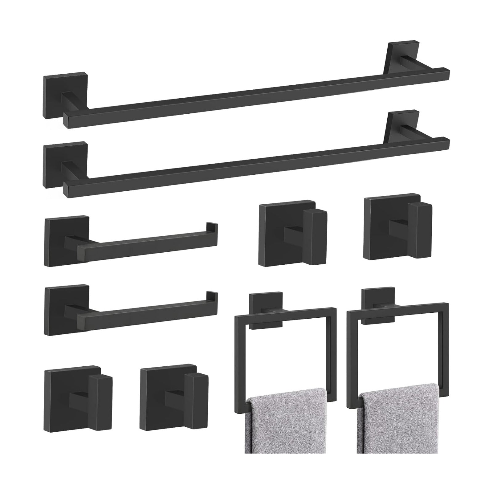 TQKAG Matte Black Bathroom Hardware Accessories Set 10 Pieces, 23.6" SUS304 Stainless Steel Towel Bar Set Wall Mounted
