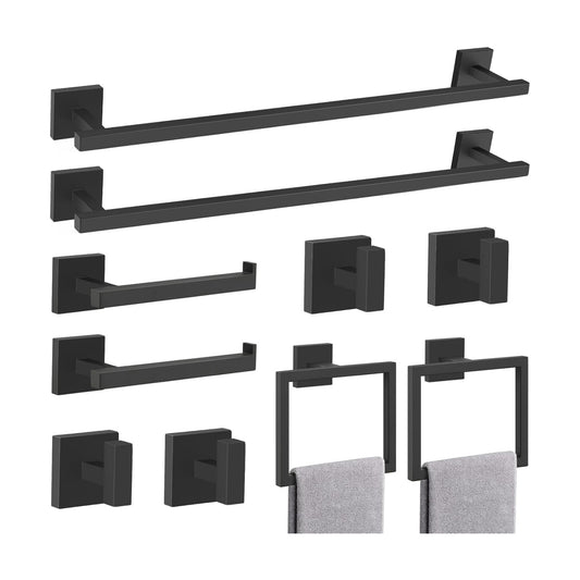 TQKAG Matte Black Bathroom Hardware Accessories Set 10 Pieces, 23.6" SUS304 Stainless Steel Towel Bar Set Wall Mounted