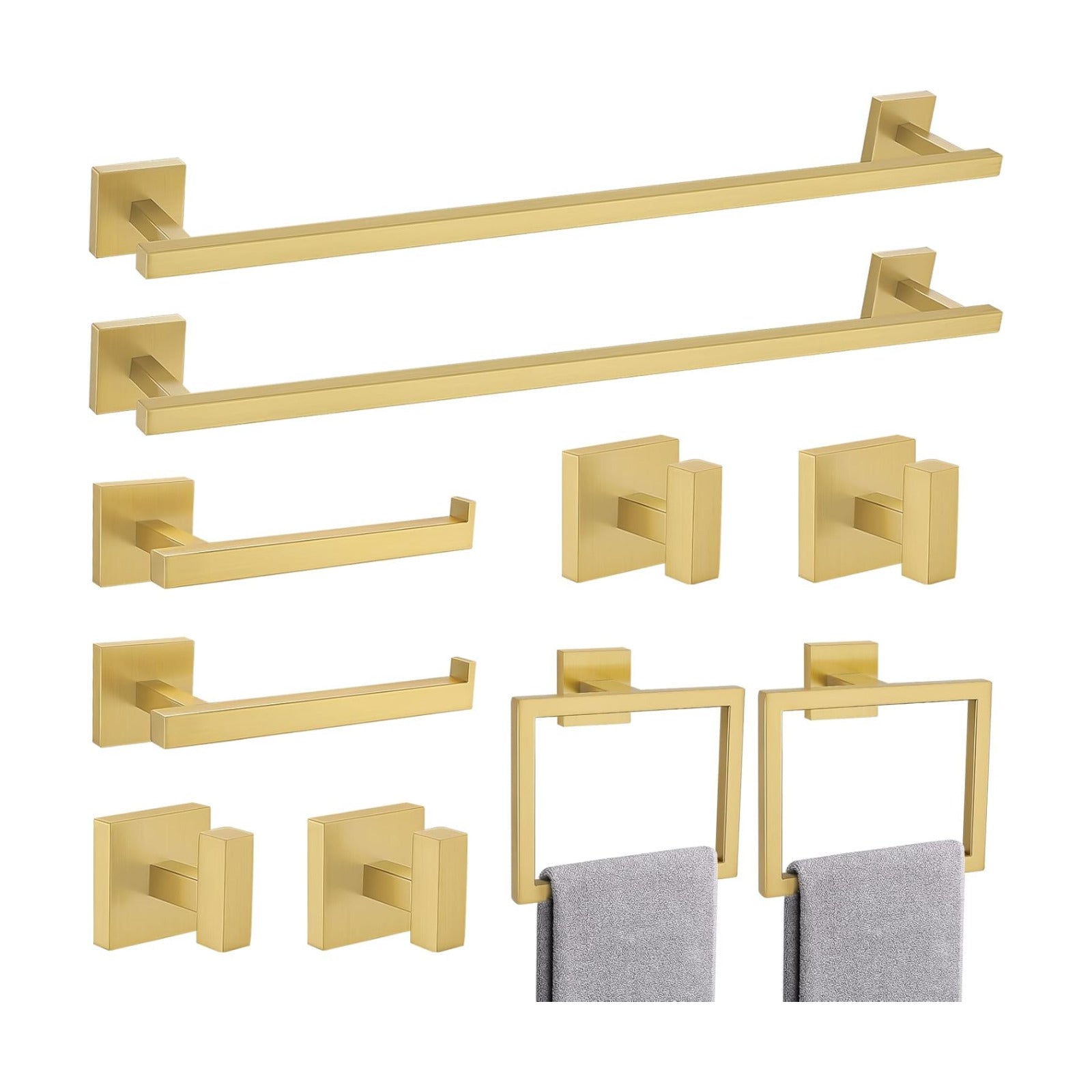 TQKAG Brushed Gold Bathroom Hardware Accessories Set 10 Pieces, 23.6" SUS304 Stainless Steel Towel Bar Set Wall Mounted