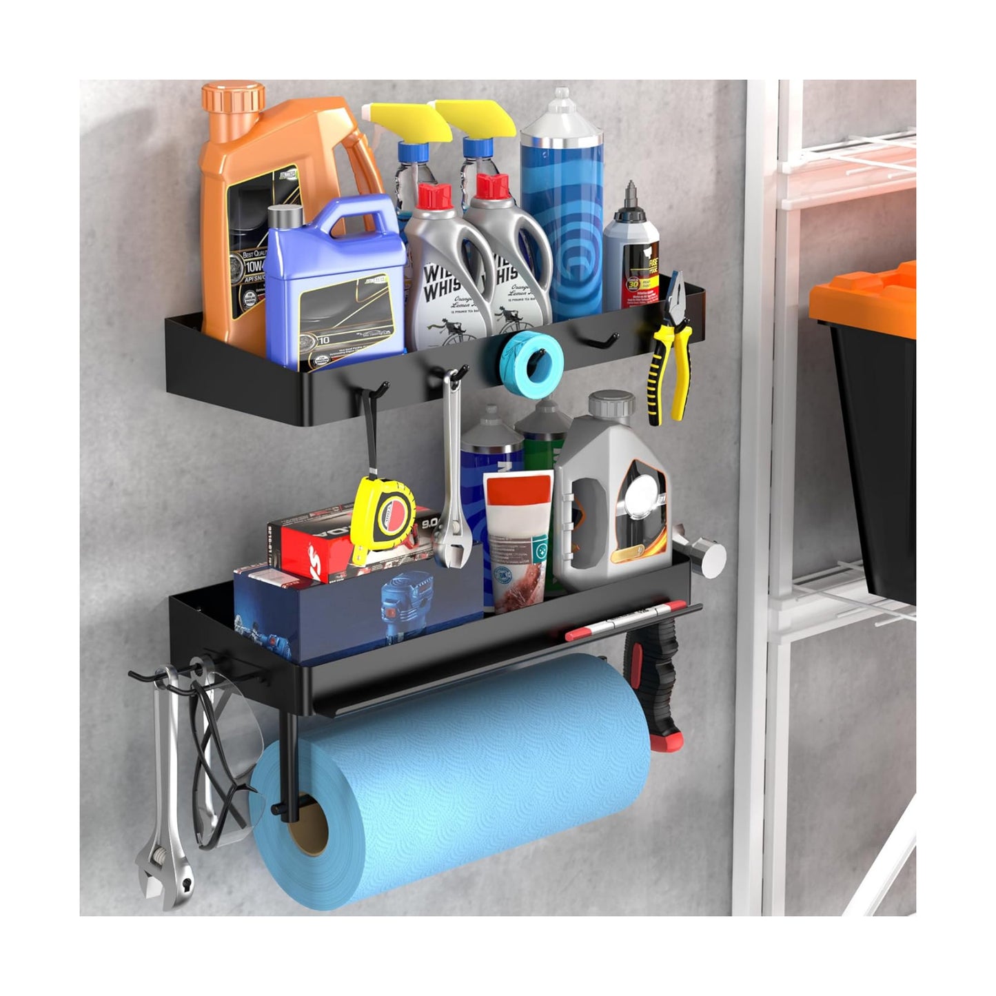 ZUNTO Pack of 2 Black Paper Towel Holder and Organizer Shelf for Garage, Wall Mounted Paper Roll Holder with Shelf and