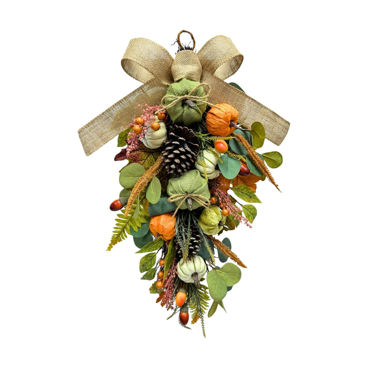 Svndlyn 25 Inch Fall Teardrop Swag with Burlap Bow, Pumpkins and Pinecones
