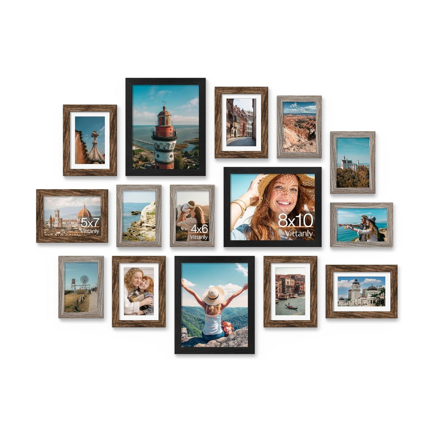 Vittanly 15 Pack Gallery Wall Frame Set, Black, Brown, Dark Grey